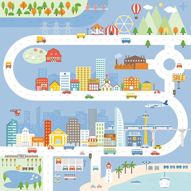 City, Town, Village info graphic, Vector illustration. City, Town, Village info graphic and other elements such as constructor, sign post, vehicle, transportation and tree way to school stock illustrations
