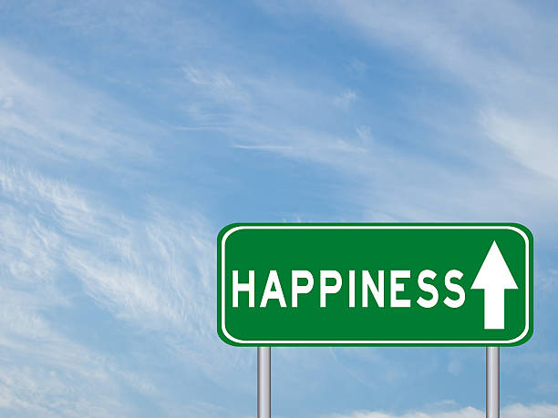 istock Green transportation sign with happiness wording on blue sky 537847644