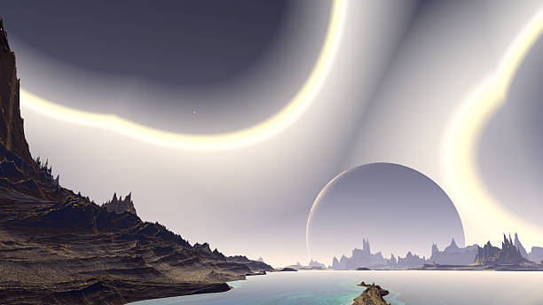 istock Fantasy alien planet. Rocks and lake. 3D illustration 537847852