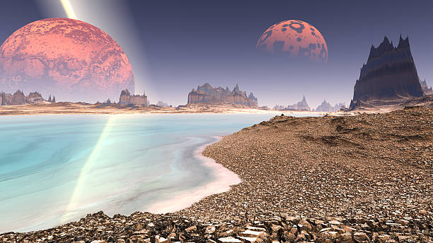 istock Fantasy alien planet. Rocks and lake. 3D illustration 537849114