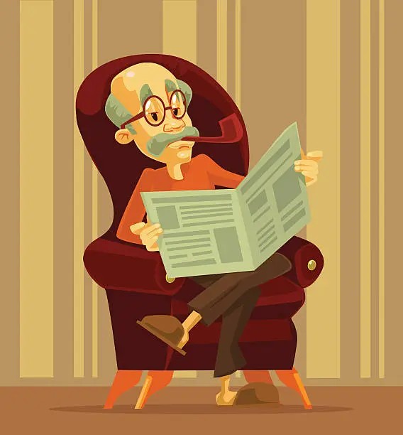 Vector illustration of Old man reading newspaper. Grandfather smoking