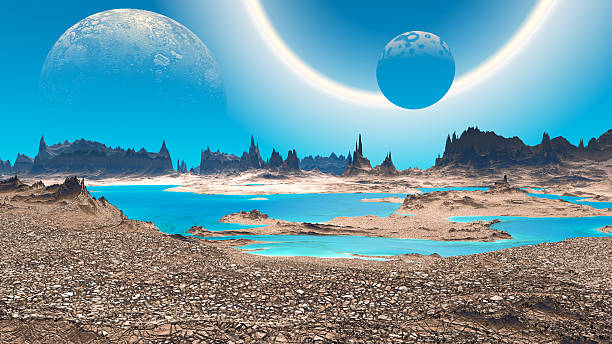 istock Fantasy alien planet. Rocks and lake. 3D illustration 537849252