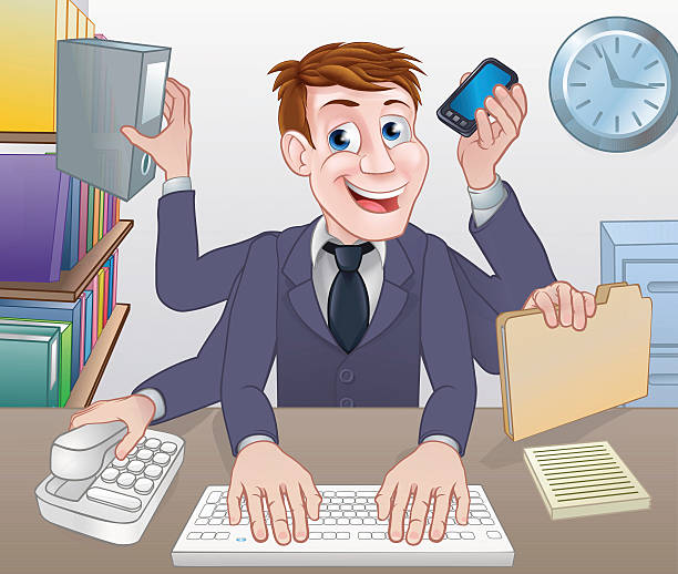 ilustrações, clipart, desenhos animados e ícones de homem de negócios multitarefa dos - god office cartoon computer