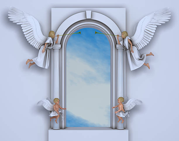 портал с angels и cherubs - angel roman brass instrument mythology стоковые фото и изображения