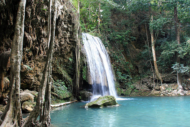 wodospad wlewając w dżungli lagoon - travel travel locations nature erawan zdjęcia i obrazy z banku zdjęć