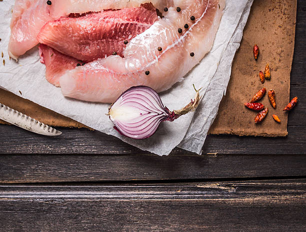 istock Raw Fish fillets with onions in white paper 537851433