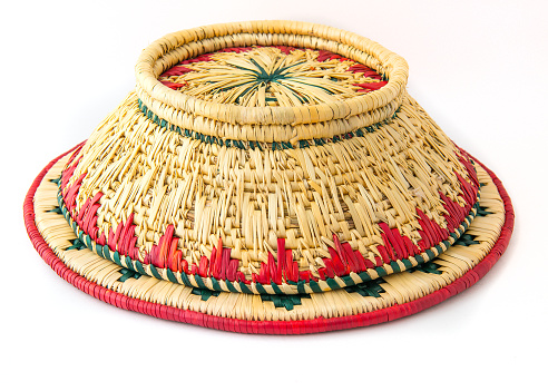 Close-up of a Native American handmade basket found in grandmas attic probably 100 years old