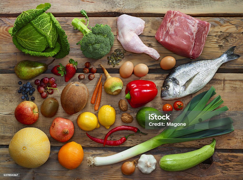 Paleo diet products Various Paleo diet products on wooden table, top view Carrot Stock Photo