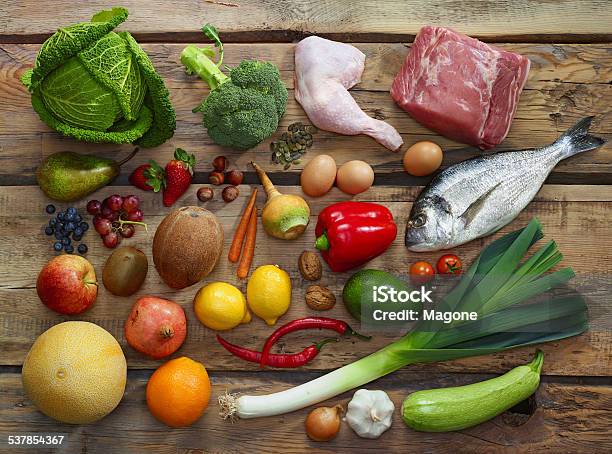 Paleo Diet Products Stock Photo - Download Image Now - Carrot, Fish, Kiwi Fruit