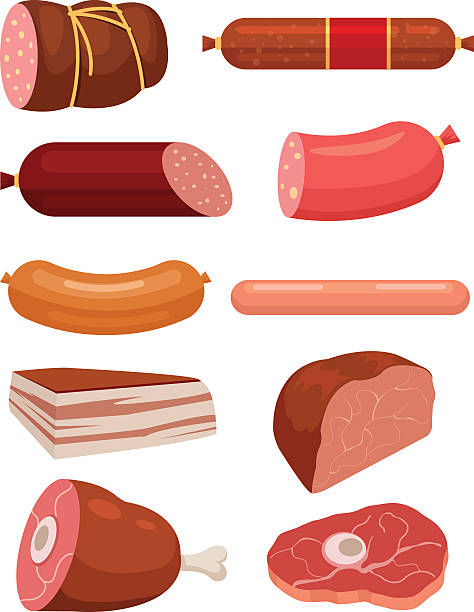 illustrations, cliparts, dessins animés et icônes de groupe de la viande fraîche. salami des saucisses - saucisse