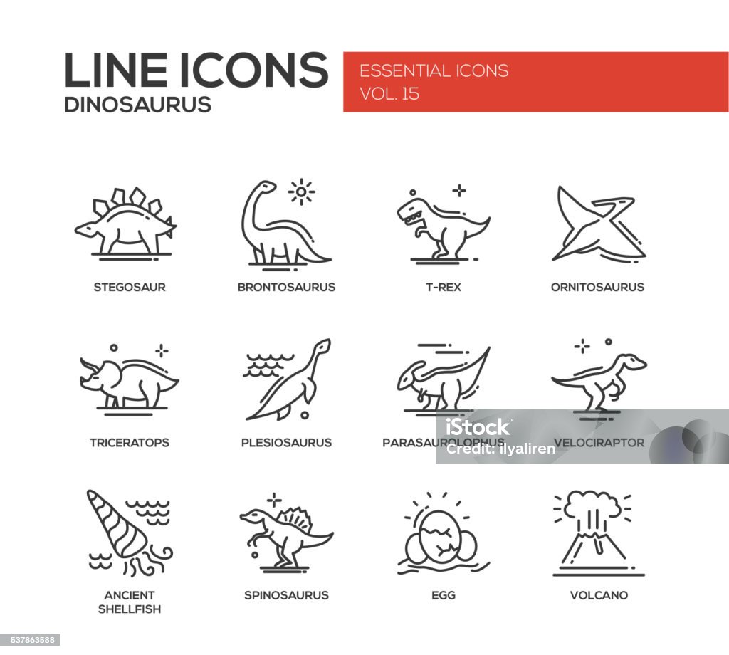 Dinosaurs species- line design icons set Set of modern vector plain line design icons and pictograms of dinosaurs species, prehistoric age life. Stegosaur, t-rex, brontosaurus, ornitosaurus, plesiosaurus, triceratops, velociraptor, spinosaurus Dinosaur stock vector