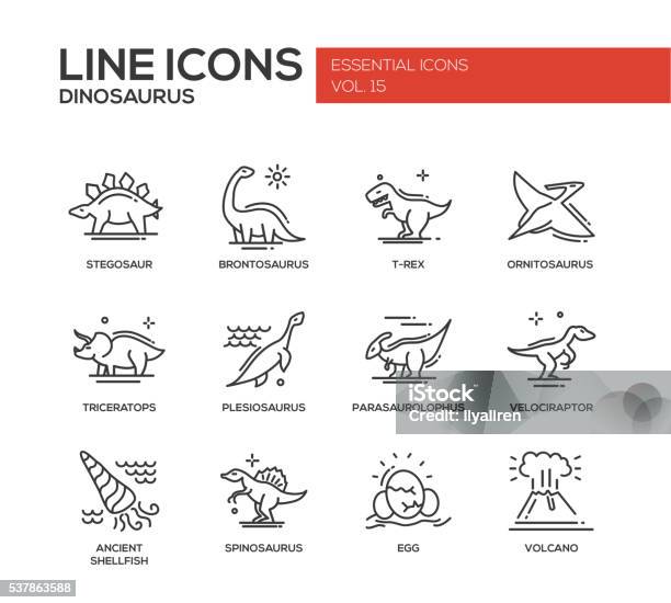 Dinosaurs Species Line Design Icons Set Stock Illustration - Download Image Now - Dinosaur, Icon Symbol, Vector