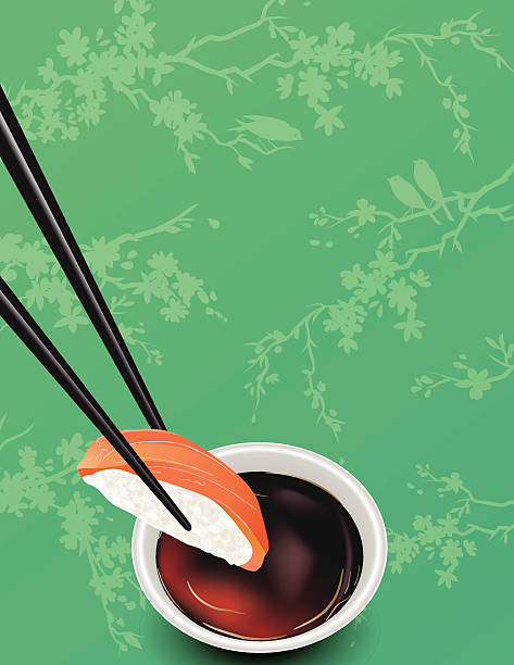sushi-vorlage oder hintergrund mit sakura und sojasoße - sake nigiri stock-grafiken, -clipart, -cartoons und -symbole