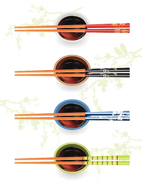 Vector illustration of Chopsticks With Soy Sauce And Cherry Blossoms