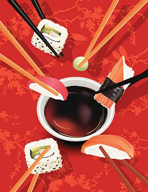 Vector illustration of Eating Sushi Background With Sakura And Chopsticks