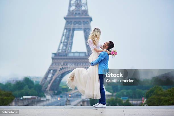 Just Married Couple In Paris France Stock Photo - Download Image Now - Elopement Wedding, Wedding, Engagement