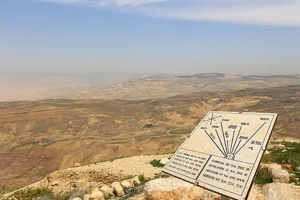 desert mountain landscape (aerial view from Mount Nebo) and plaque showing the distance from Mount Nebo to various locations, Jordan, Middle East