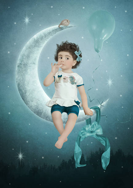 Little girl putting a finger in the mouth sitting on a crescent moon in the night sky with stars
