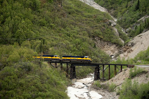 Healy, AK USA - May 21, 2016: An Alaska Railroad train moves along the tracks near the George Parks Highway on May 21, 2016 just south of Healy, Alaska.