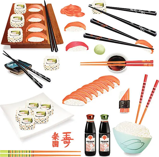 Vector illustration of Realistic Sushi Foods With Sashimi, Chopsticks, Soy Sauce And Dinnerware