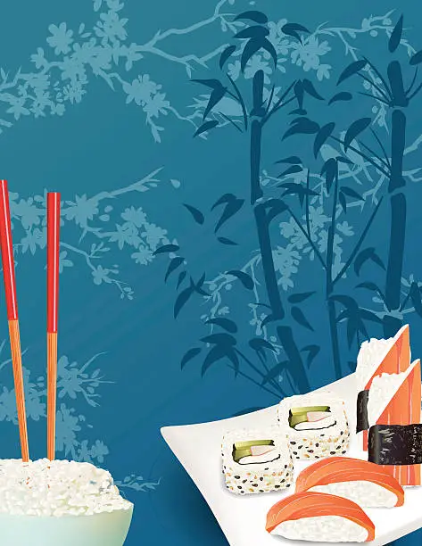 Vector illustration of Sushi Restaurant Menu Template Or Background With Sakura And Sashimi