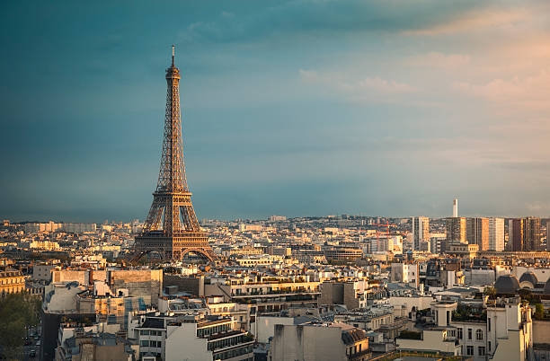 Skyline of Paris with Eiffel Tower during sunset (Paris, France) stock photo