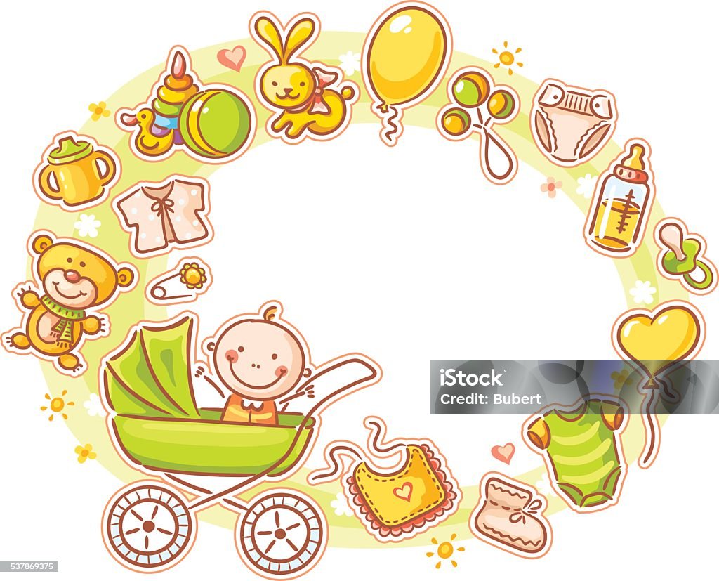 Oval Frame with Cartoon Baby Oval frame with cartoon baby in a baby carriage and lots of baby things. Baby Bottle stock vector