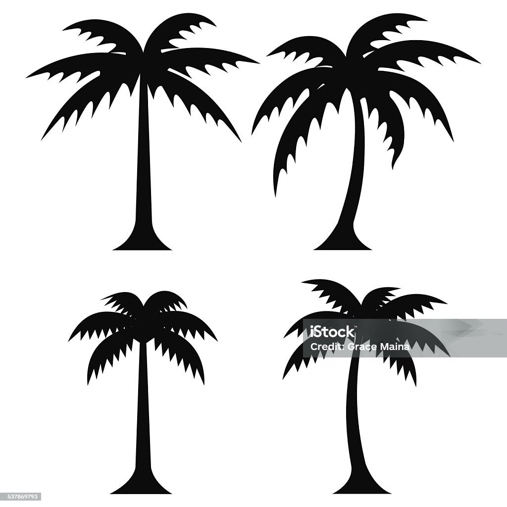 Simple palm trees - VECTOR Four simple hand drawn palm tree silhouettes. Brushes used to make the palm trees included in the brushes palette. The palm tress are drawn without outlines on white background. 2015 stock vector