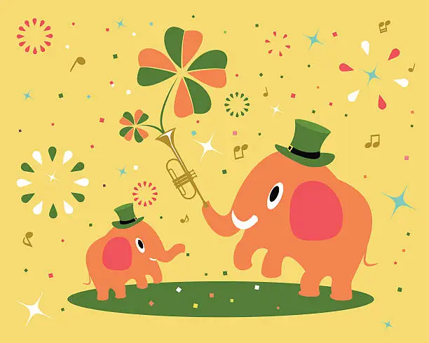 Vector illustration of St. Patrick's Day-Elephant family with trumpet