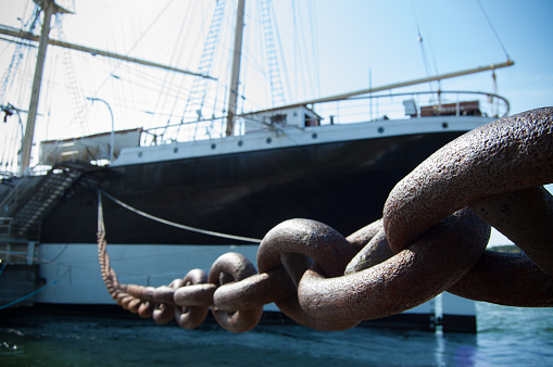 Large historical ship chained to the shore of Mariehamn