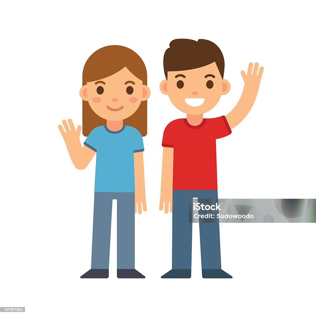 Cartoon Boy And Girl Stock Illustration - Download Image Now - Waving -  Gesture, Greeting, Hello - Single Word - iStock
