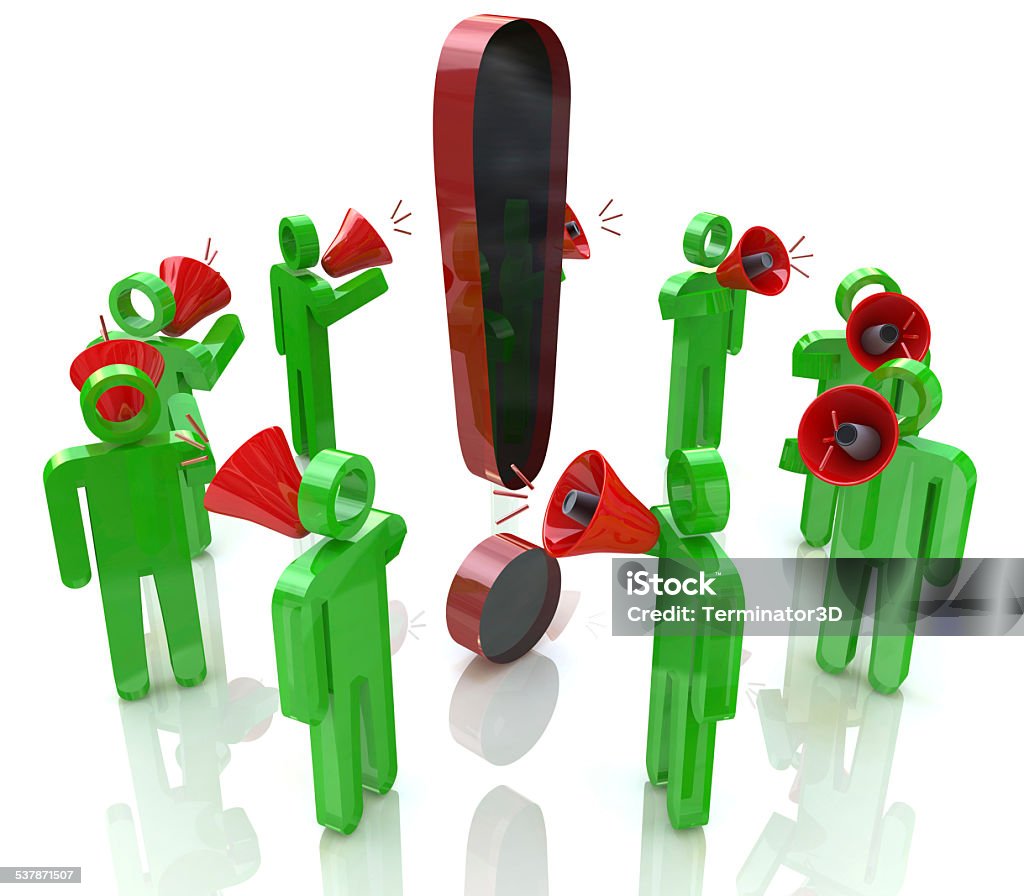 3D people with megaphones around the exclamation mark 3D people with megaphones around the exclamation mark in the design of information related to people and communication 2015 Stock Photo