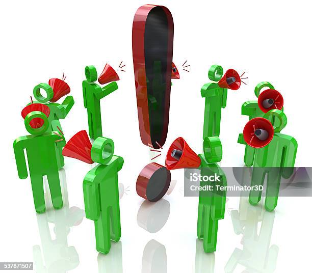 3d People With Megaphones Around The Exclamation Mark Stock Photo - Download Image Now