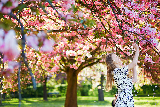 istock Beautiful young woman in blooming spring park 537871660