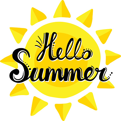 Lettering hello summer on the background of the sun. Vector hand drawn background. Cute summer illustration.