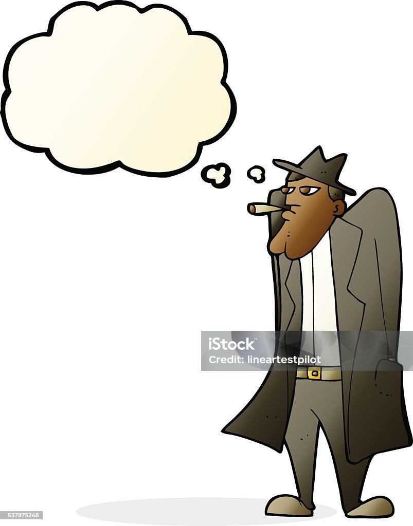 cartoon man in hat and trench coat with thought bubble Adult stock vector