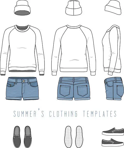 Vector illustration of Clothing set. Sweatshirt, shorts, hat, plimsolls.