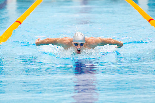 istock dynamic and fit swimmer in cap breathing performing the butterfly 537879206