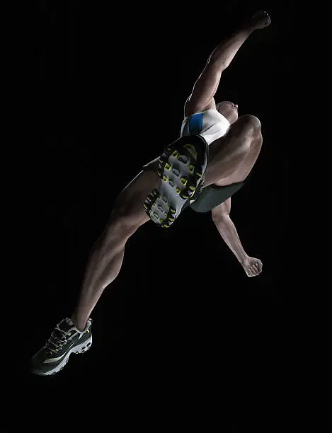 athlete running or jumping in black background - bottom view -3d rendering