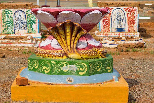 Chettinad, India - October 17, 2013: Set of three colorful altars on square in Kothamangalam. First one shows lotus and five headed cobra. The other altars are for Lord Ganesha and Lord Ayyanar.