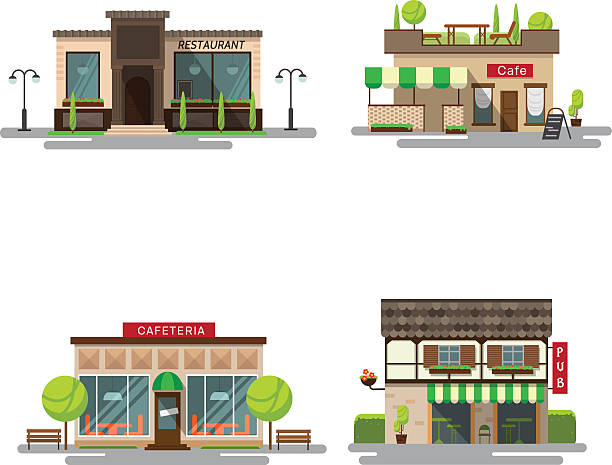 Vector set of detailed flat design city public buildings Vector set of detailed flat design city public buildings. Restaurants and cafe, cafeteria, coffee house and bub facade icons on white background pub illustrations stock illustrations