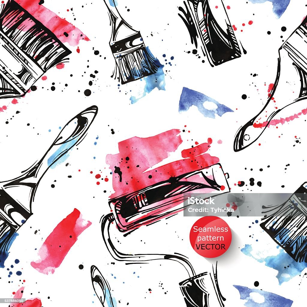 Paintbrush Roll Pattern Watercolor Seamless Pattern With Paint Roller And Brush Stock ...