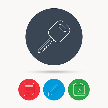 Car key icon. Transportat lock sign. Calendar, pencil or edit and document file signs. Vector