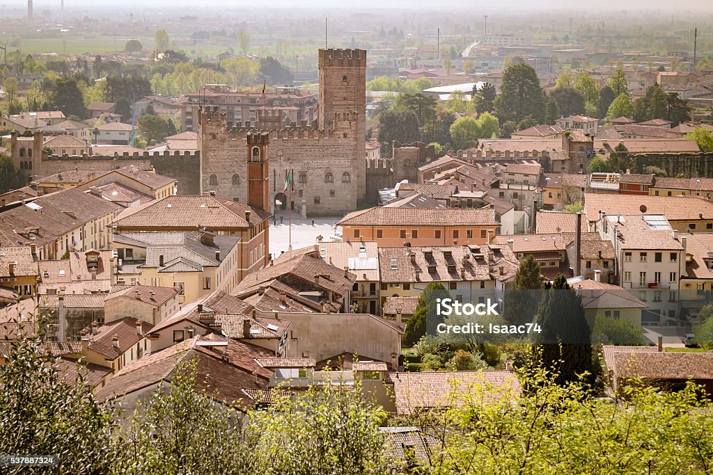 Panorama of the old town of Marostica. Panorama of the old town of Marostica with the lower castle that overlooks the famous Chess Square. Ancient Stock Photo