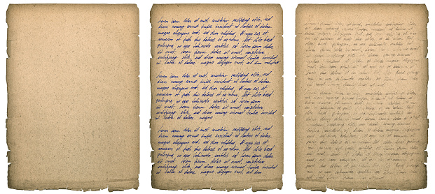 Old book page with worn edges isolated on white. Paper texture background. Handwritten letter. Latin text Lorem ipsum. Handwriting. Calligraphy. Manuscript. Script.