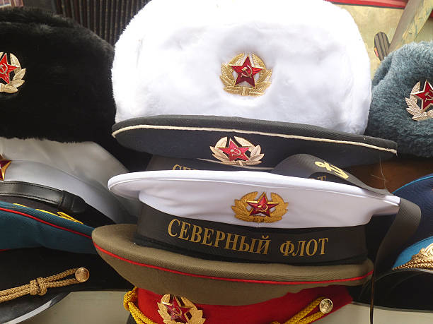 istock Russian military caps cyrillic lettering red star 537890108