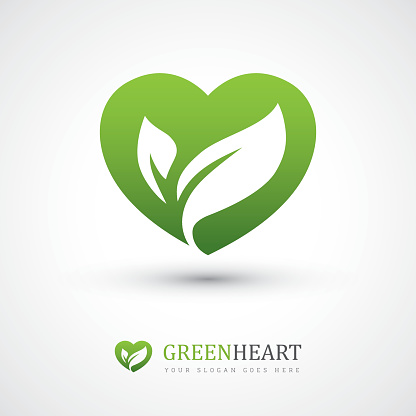 Green vector icon with heart shape and two leaves. Can be used for eco, vegan, herbal healthcare or nature care concept design