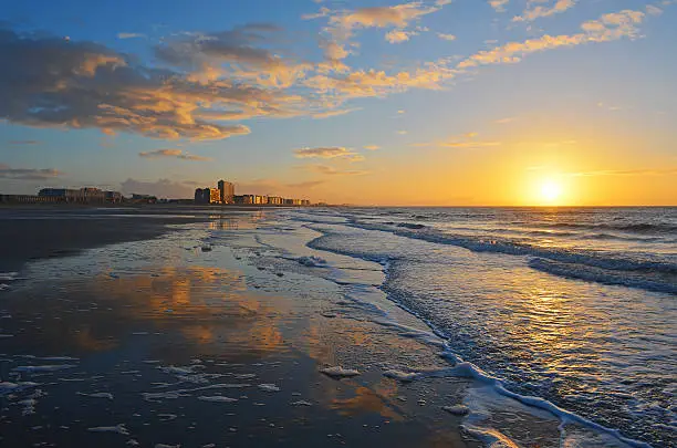 The North Sea coast in Oostende at sunset, Belgium. 