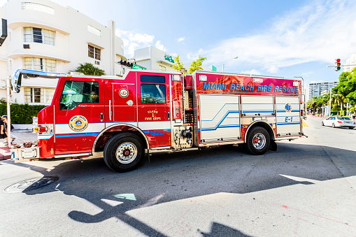 Miami, USA - August 1, 2013: fire brigade on duty in South Beach in Miami, USA. They are responsible for Fire Suppression, pre fire plans medical incidents, Fire Rescue and ocean rescue including 29 lifeguard towers.