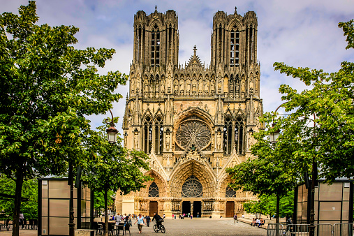 Reims, France, EU - June 27, 2012: Our Lady of Reims Cathedral dating back to 1211 in the center of this city in the Champagne-Ardenne region of France.
